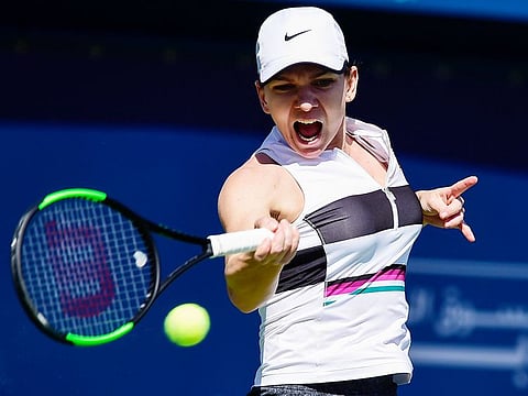 Simona Halep in action againt Lesia Tsurenko during the Dubai Duty Free Tennis Championships on Wednesday, 20th February 2019.
