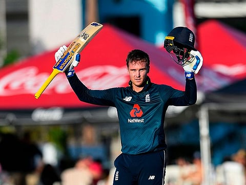 Jason Roy of England celebrates his century during the 1st ODI between West Indies and England at Kensington Oval, Bridgetown, Barbados, on February 20, 2019.