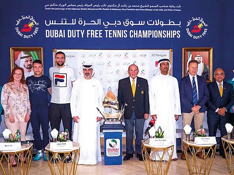 From left: Sinead El Sibai, senior VP Marketing – Dubai Duty Free, Roberto Bautista Agut, Marin Čilić, Salah Tahlak, Colm McLoughlin, Naser Yousef, secretary general, Tennis Emirates, Lars Graff, ATP supervisor and Ramesh Cidambi during the main draw of the men’s singles of the Dubai Duty Free Tennis Championships yesterday.