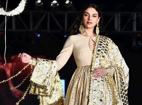 Aditi Rao Hydari walks the ramp at Khadi Goes Global, a conclave celebrating 100 years of Khadi, at Handicraft and Handloom Museum of India, Pragati Maidan, New Delhi.