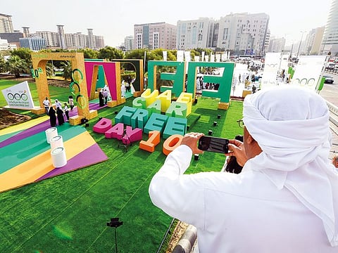 People throng the environmental exhibition near Union Metro station that was held to mark UAE Car Free Day.