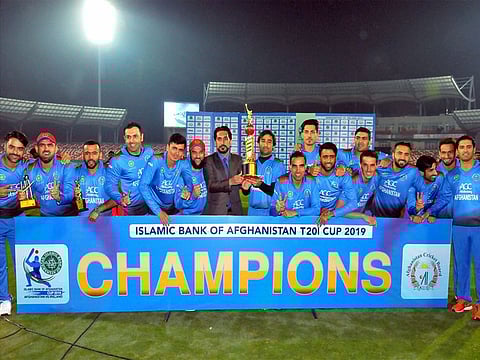 Afghanistan players celebrate with the trophy after they beat Ireland in T20 series at Rajiv Gandhi International Cricket Stadium, Dehradun, on Sunday, February 24, 2019.