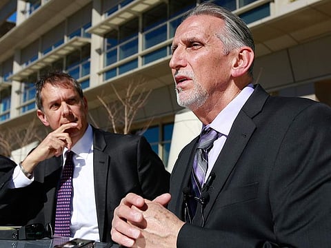 In this Feb. 15, 2018 file photo, Craig Coley, right, accompanied by his attorney's Ron Kaye, cente talks with reporters in Sacramento, Calif. Coley spent 39 years in prison for a murder he didn't commit.