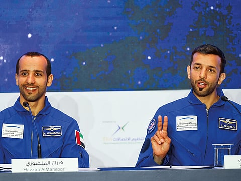 Hazza Al Mansouri and Sultan Al Neyadi at the press conference.