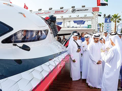 Shaikh Hamdan bin Mohammad Bin Rashid Al Maktoum at the Dubai International Boat show 2019 at Dubai Canal, Jumeriah, Dubai.