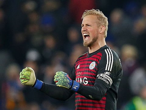 Leicester City's Kasper Schmeichel celebrates after the match.