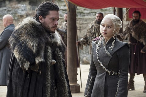Kit Harington, left, and Emilia Clarke on the season finale of "Game of Thrones"