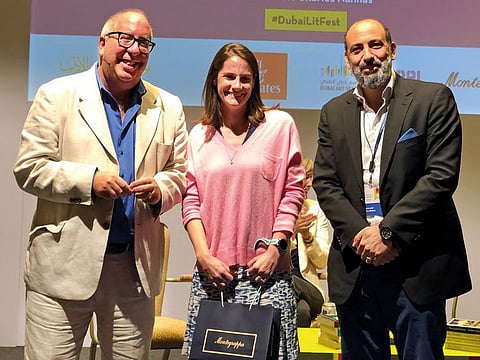 Polly Philips, winner of the Montegrappa Writing Prize 2019, with Luigi Binomi, Judge of prize and Charles Nahhas, distributor of Montegrappa in Middle East.