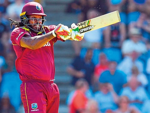 West Indies opener Chris Gayle takes the aggressive route during the fifth ODI against England at Gros Islet on Saturday.