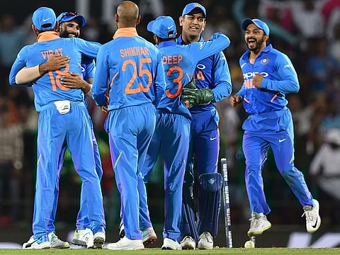 Indian crikceters celebrate after winning the second one-day international (ODI) cricket match against Australia at the Vidarbha Cricket Association Stadium in Nagpur on March 5, 2019.