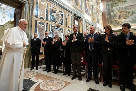 Pope Francis attends an audience with the Officials of the Vatican Secret Archive at the Vatican, March 4, 2019.