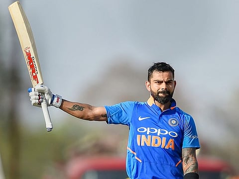 Virat Kohli celebrates century during the 2nd ODI cricket match against Australia at Vidarbha Cricket Association Stadium in Nagpur, Tuesday, March 5, 2019.