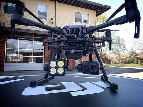 This 2018 photo provided by the Menlo Fire UAS shows a DJI drone with a thermal-imaging camera designed by FLIR Systems in Menlo Park, California.