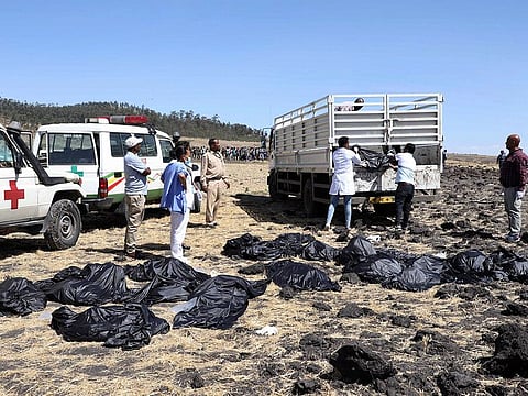 Wreckage lies at the scene of an Ethiopian Airlines flight that crashed shortly after takeoff at Hejere near Bishoftu, or Debre Zeit, some 50 kilometers (31 miles) south of Addis Ababa, in Ethiopia Sunday, March 10, 2019.