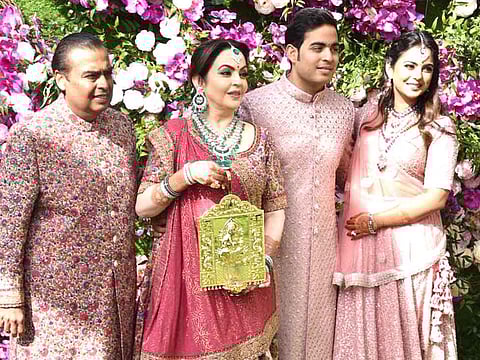 Mumbai: Industrialist Mukesh Ambani, Nita Ambani, Esha Ambani, Akash Ambani, during wedding festivities of Akash Ambani and Shloka Mehta in Mumbai on March 9, 2019. (Photo: IANS)