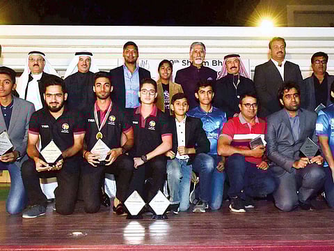 Kumar Sangakkara, Shyam Bhatia, Abdul Rahman Falaknaz and Executive Committee Members of Dubai Cricket Council with the winners during the 19th Shyam Bhatia Annual Awards
