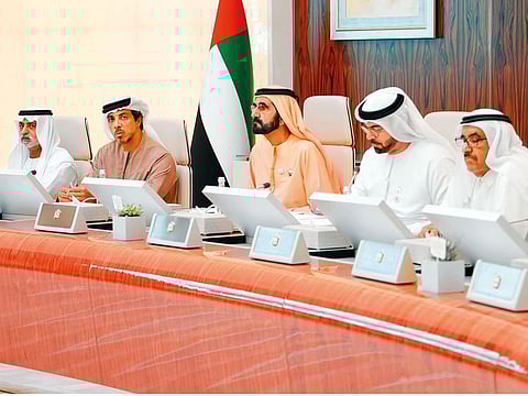 Shaikh Mohammad, Shaikh Mansour, Shaikh Hamdan Bin Rashid Al Maktoum, Deputy Ruler of Dubai and UAE Minister of Finance, Shaikh Nahayan Mabarak Al Nahayan, UAE Minister of Tolerance; Mohammad Abdullah Al Gergawi, Minister of Cabinet Affairs and the Future at the cabinet meeting.