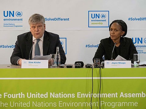 Siim-Valmar Kiisler (L), Estonia's Environment Minister and President of the UN Environment Assembly, and Joyce Msuya, Acting Executive Director of UN Environment Programme, attend a press conference after the opening Plenary of the 4th UN Environment Assembly at the UN headquaters in Nairobi, Kenya, on March 11, 2019.