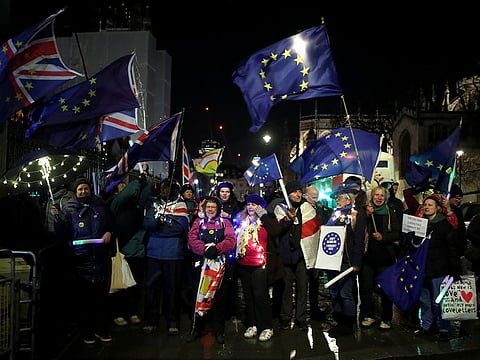 Anti-Brexit protesters are seen after the Brexit voting outside the Houses of Parliament in London, Britain March 12, 2019.