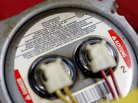 A recalled Takata airbag inflator is shown after it was removed at the AutoNation Honda dealership service department in Miami, Florida, United States on June 25, 2015.
