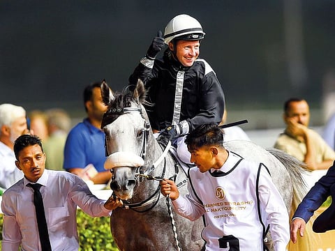Tadhg O’Shea, who celebrates his win aboard AF Maher in the Al Maktoum Challenge (Round 3), will be eager to add one more.