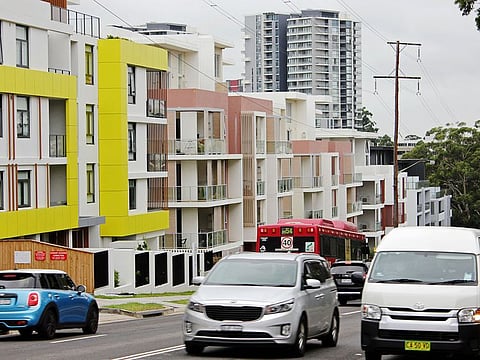 A row of newly built apartment blocks is seen in the suburb of Epping, Sydney, Australia