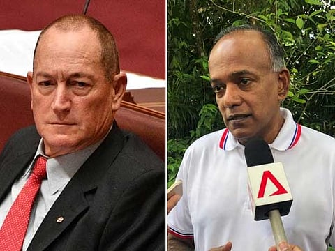 Australian Senator Fraser Anning (left) and Singapore's Home Affairs and Law Minister K. Shanmugam.