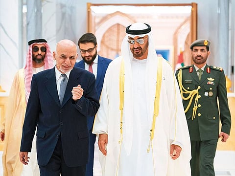 Shaikh Mohammad Bin Zayed with Afghanistan President Ashraf Gani during a reception at the Presidential Palace in Abu Dhabi. Also present was Shaikh Tahnoun Bin Zayed Al Nahyan, UAE National Security Adviser.