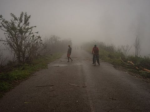Villagers are seen emerging from a mist on March 17, 2019, at Runhowane settlement approximately 30km from Chimanimani, Manicaland Province.