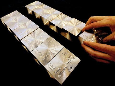 Palladium ingots at a metals plant in the Siberian city of Krasnoyarsk, Russia. Spot palladium prices rose 0.4 per cent to $1,589.83 (Dh5,838.60) an ounce