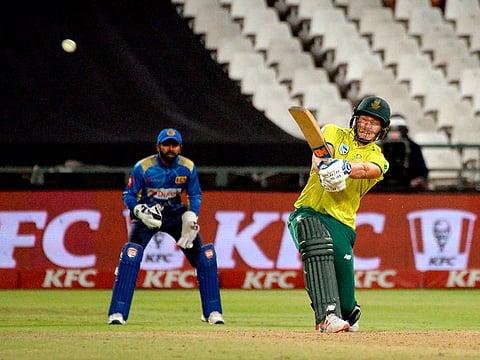 South Africa's David Miller hits a six during the Super Over.