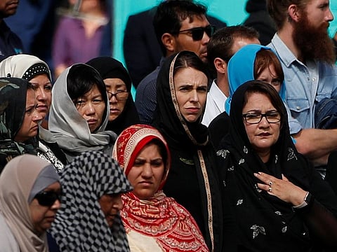 New Zealand's Prime Minister Jacinda Ardern attends the Friday prayers at Hagley Park outside Al-Noor mosque in Christchurch, New Zealand March 22, 2019.