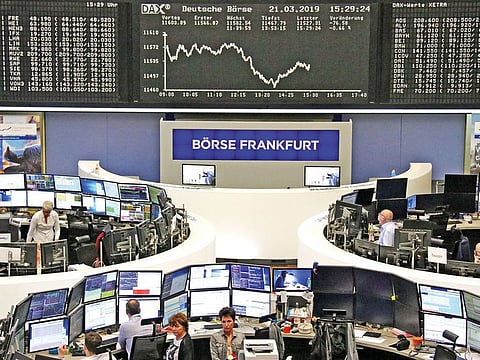 The stock exchange in Frankfurt. Implied volatility for futures contracts expiring in May show a pronounced jump to 16.8.