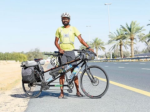 Naresh Kumar in Dubai during his journey on a bicycle from Chennai to Hamburg, Germany in an attempt to raise awareness and money for survivors of human trafficking and child abuse.