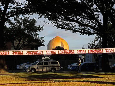 A police officer stands guard in front of the Masjid Al Noor mosque in Christchurch, New Zealand, where one of two mass shootings occurred.