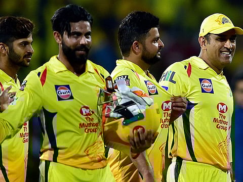 Chennai Super Kings Skipper MS Dhoni along with teammates after winning the first match of 12th edition of the Indian Premier League 2019 T20 cricket tournament against Royal Challengers Bangalore at MAC Stadium in Chennai, Saturday, March 23, 2019.