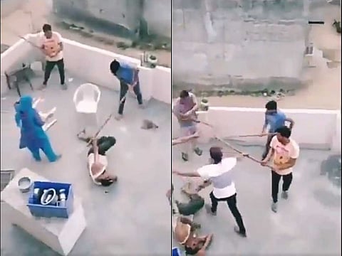 Screenshots of a mob lynching of members of a Muslim family in Bhondsi, Gurgaon, in India's Haryana state. The dispute apparently happened after a cricket ball hit someone.