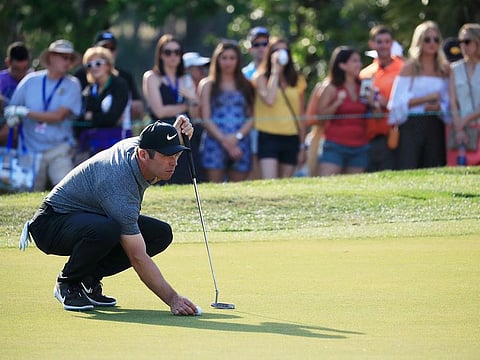 Paul Casey of England lines up a putt on the 17th green during the third round of the Valspar Championship on the Copperhead course at Innisbrook Golf Resort on March 23, 2019 in Palm Harbor, Florida.