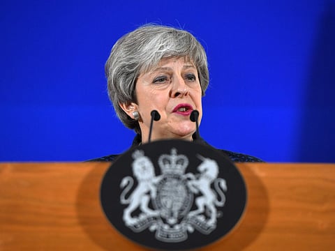 British Prime Minister Theresa May speaks on March 21, 2019, on the first day of an EU summit focused on Brexit, in Brussels.