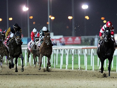John Velasquez riding Roses In May (right) on his way to the Dubai World Cup at Nad Al Sheba Club in 2005.