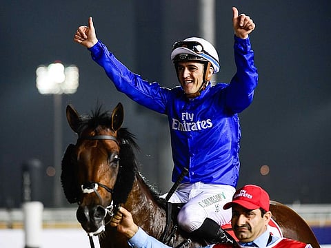 Thunder Snow ridden by jockey Christophe Soumillon and trained by Saeed Bin Suroor wins Dubai World 2018 at Meydan racecourse