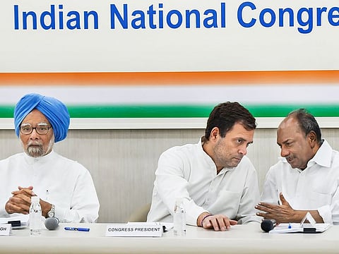 Congress President Rahul Gandhi with former prime minister Manmohan Singh and former defence minister AK Antony during the Congress Working Committee (CWC) meeting, in New Delhi on Monday, March 25, 2019.