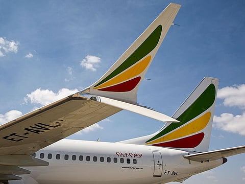 The winglet of an Ethiopian Airlines Boeing 737 Max 8 is seen as it sits grounded at Bole International Airport in Addis Ababa, Ethiopia.