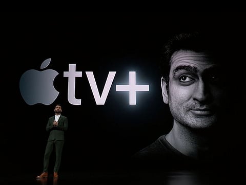 Pakistani actor Kumail Nanjiani on stage, talking about his new show with Apple that covers the lives of American immigrants. It'll be called Little America