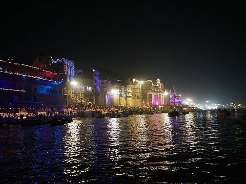 Devotees attend the Ganga Aarti at the Ganga Ghat, Varanasi.