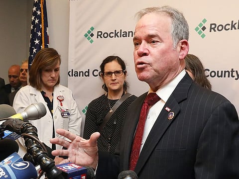 Rockland County Executive Ed Day speaks to the media at his New City, New York, office. Day announced a state of emergency that bars minors who were not vaccinated against measles from public spaces in Rockland County.