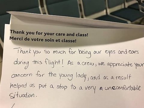 The airline gave a note of thanks to the passenger who intervened.