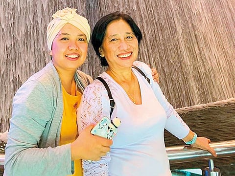 Analyn Bernadeth Buban (left) after her brain surgery. She wore turbans to cover the scar, and used it as a fashion statement.