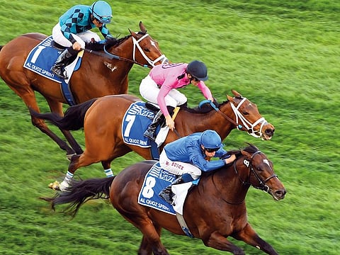 Blue Point, ridden by William Buick, runs a big race to win the Al Quoz Sprint.