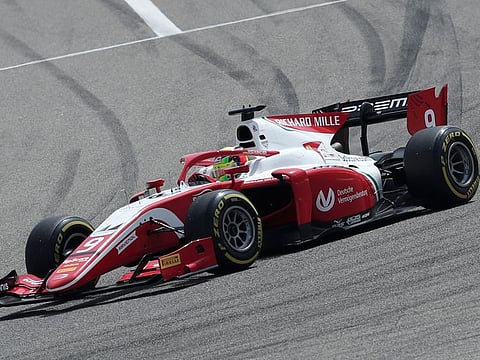 Mick Schumacher steers his Prema Racing car during the Formula 2 Grand Prix at the Formula One Bahrain International Circuit in Sakhir, Bahrain, Saturday, March 30, 2019.